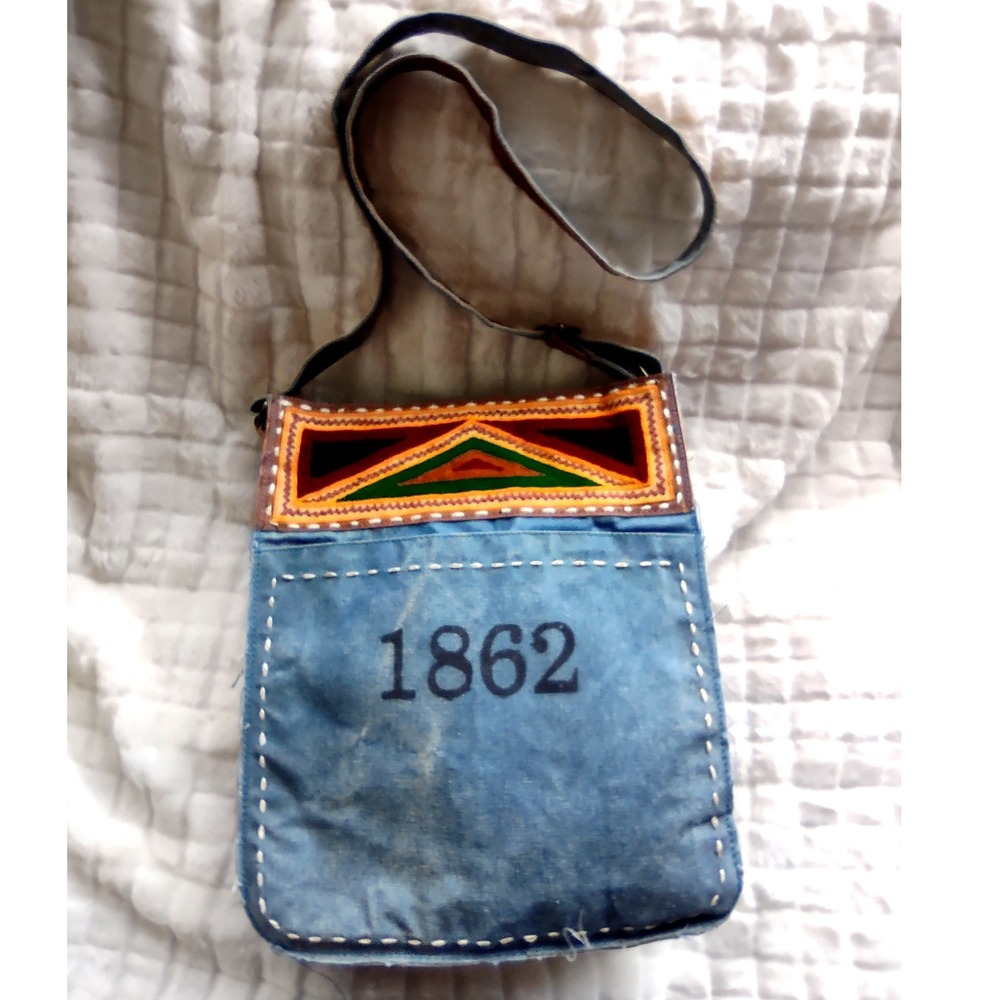 Unique Denim‎ Messenger Bag with Embroidered Geometric Panel and 1862 Stencil